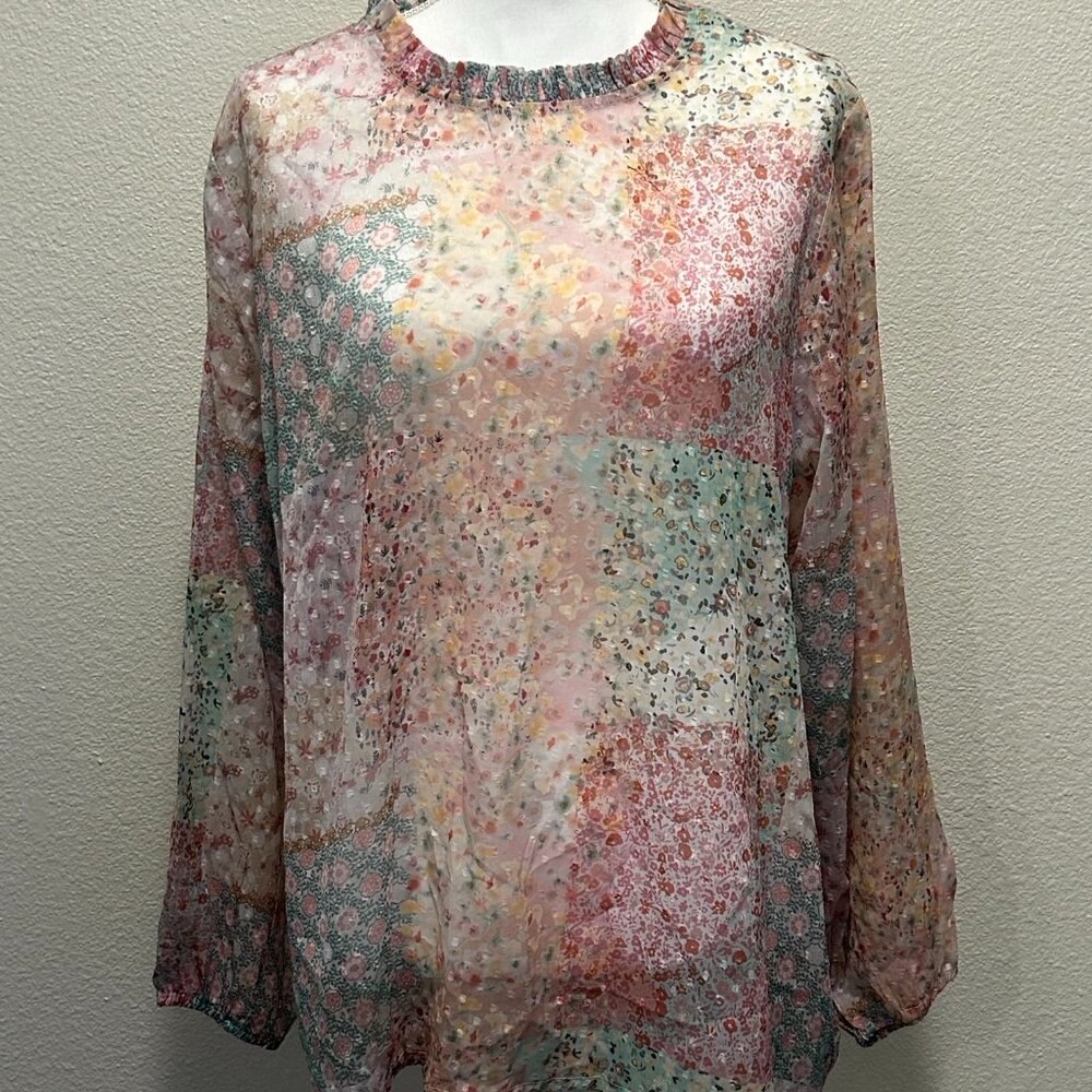 World Market NWT sheer floral bohemian blouse with ruffled neck, L/XL